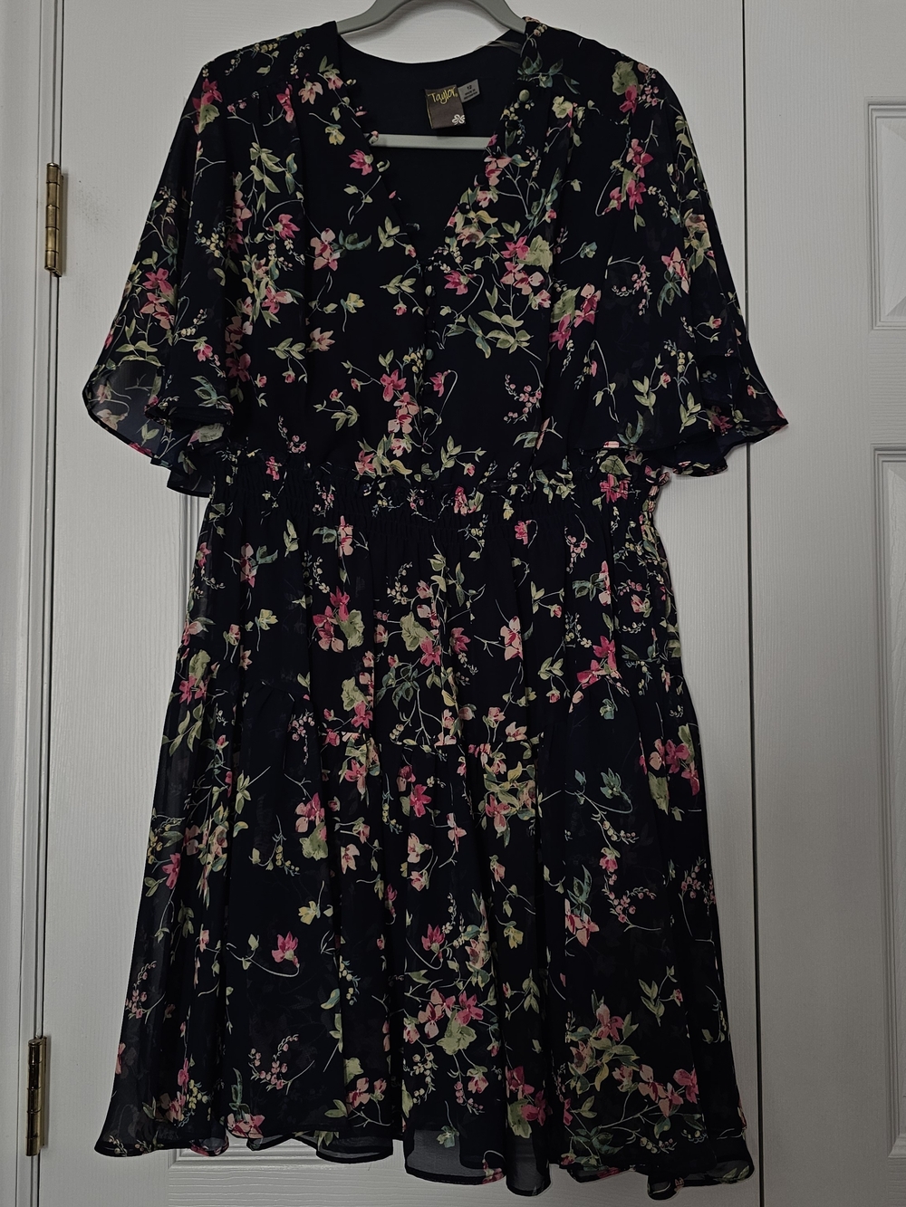Taylor Blue Floral Midi Dress with Pink and Green Accents